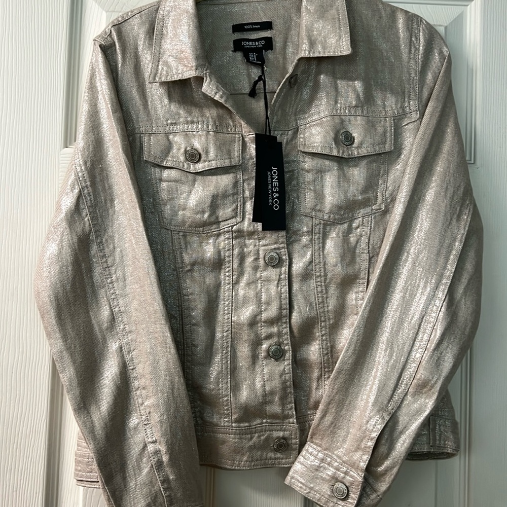 NWT WOMENS JONES & Co BUTTON DOWN METALIC BEIGE 100% LINEN DENIM STYLE JACKET S